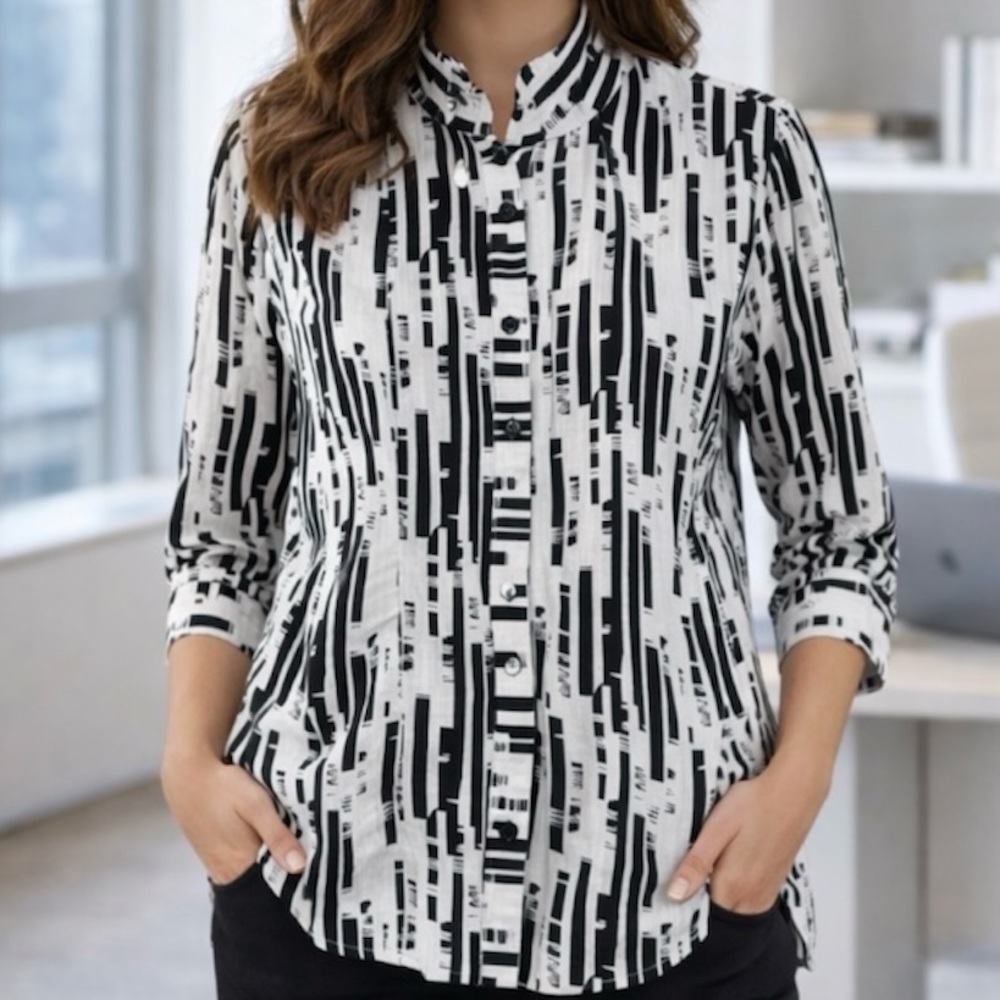 Beau Chemise Blouse Womens XS Artsy Geometric Lagenlook Black White Shirt